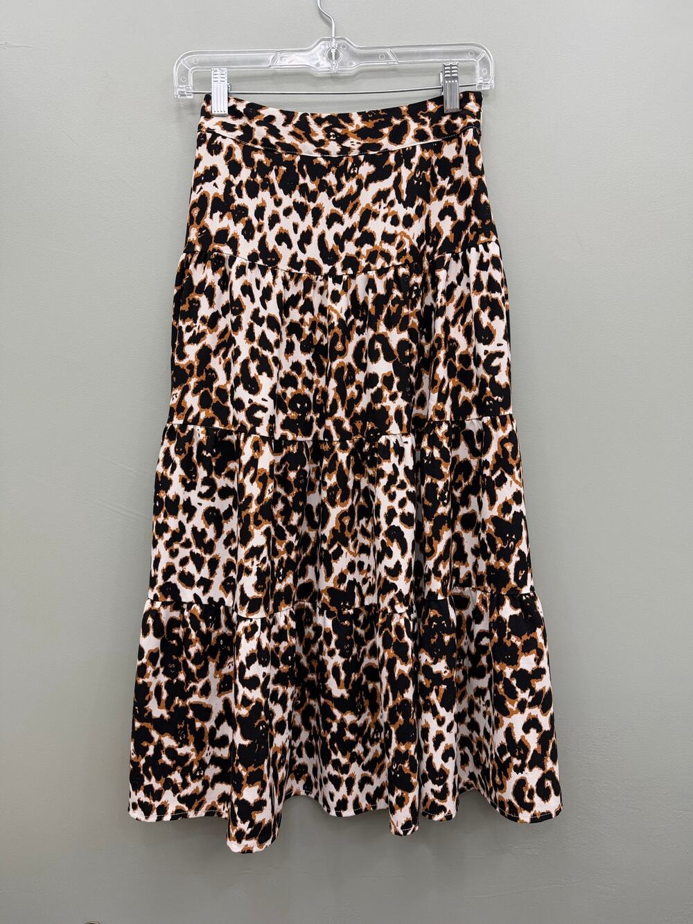 THML XS Leopard Animal Print Tiered Midi Maxi Skirt Boho Statement